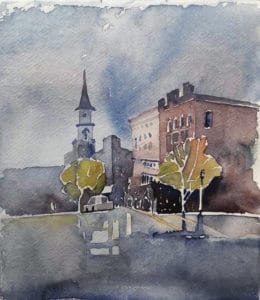 Aquarelle urbaine réalisée pendant un cours d'aquarelle