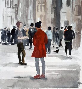 aquarelle dans Paris avec Michel Perot personnages dans Paris